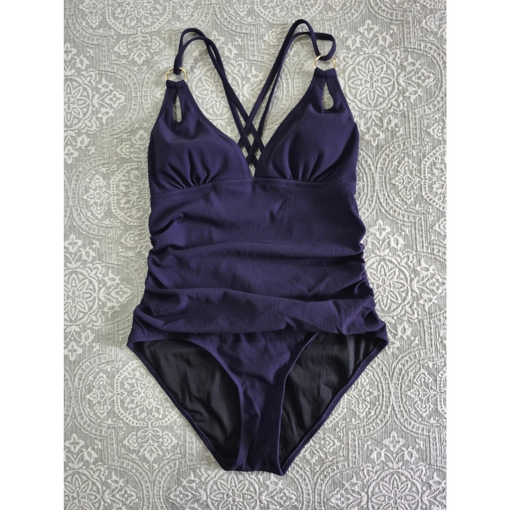 Charmo Womens Ribbed One Piece Swimsuit Purple Ruched Criss Cross Back UPF‎ 50 L